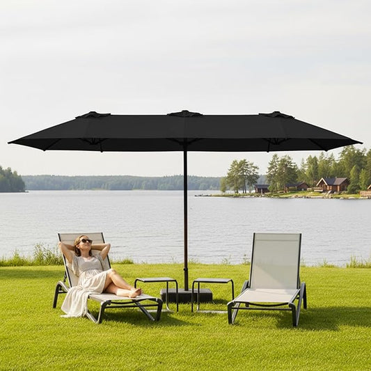 15FT Large Patio Umbrella with Base, Double Sided Rectangular Outdoor Umbrella with Sturdy Fiberglass Ribs, UPF 50+ Sun Protection, Wind-Resistant, Waterproof Fade-Resistant Fabric for Pool, Garden, Backyard, Deck(Black)