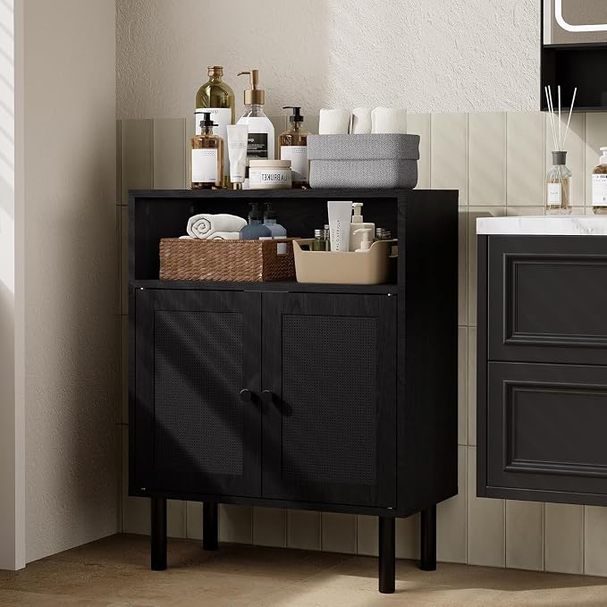 Rattan Storage Cabinet, Boho Accent Cabinet with Double Doors | Small Freestanding Sideboard for Hallway, Laundry Room,Kitchen, Dining Room, Entryway (Black)