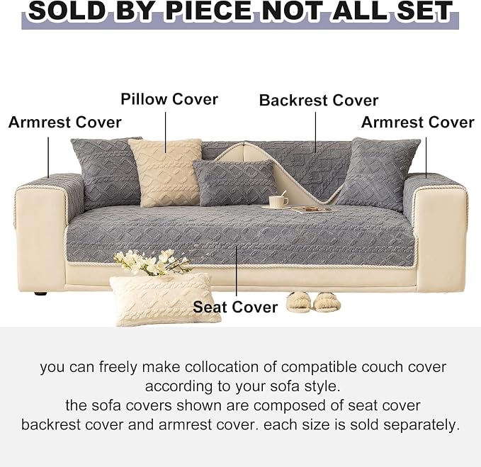 vctops Geometric Jacquard Plush Sofa Couch Covers Farmhouse Neutral Non Slip Sectional Couch Cover Soft Warm Sofa Slipcover for Dogs, Children, Pets Furniture Protector (Greyish Blue,36"x36")