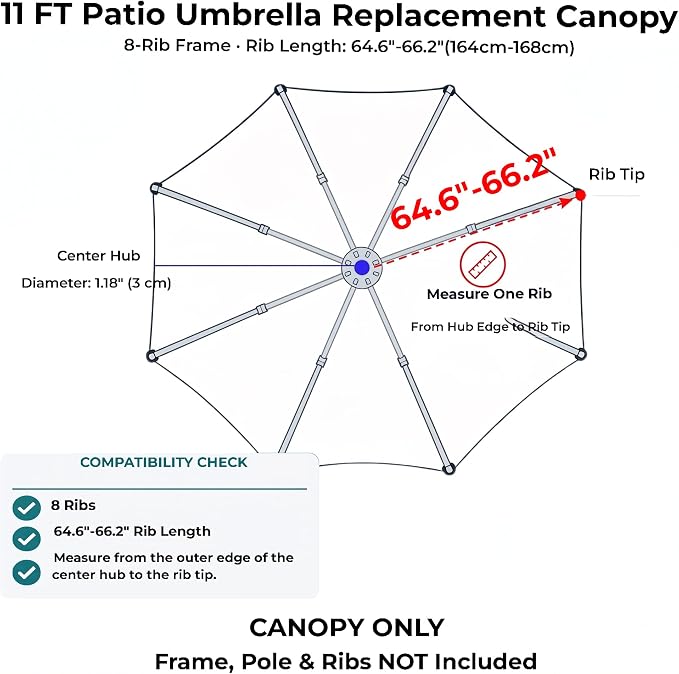 11FT Cantilever Patio Umbrella Replacement Canopy, 8 Ribs 64"-66", Upgraded 600D 220GSM Heavy-Duty Fabric, Waterproof & UV Resistant (Canopy Only)