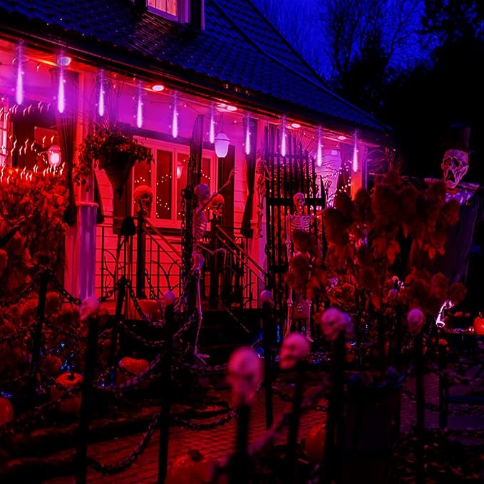 Kwaiffeo Halloween Lights, 24 Tubes Meteor Shower Light(Equivalent to 3 Sets of 8-Tube) for Halloween Christmas Decorations Outdoor, Purple Lights for Xmas Party Yard Tree Decor, UL Plug
