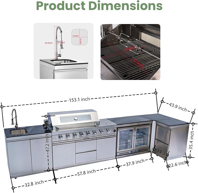 Outdoor Kitchen Island,Gas Grill with Standalone Side Burner Island, 96,000 BTU BBQ Grill with Infrared Burner, Refrigerator,Granite Countertop, Grill Cart & Storage Drawers (Silver+153in)