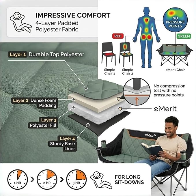 EMERIT 3 Person Camping Chair,900lb Heavy Duty Triple Loveseat Wide Padded Folding Couch for Adults & Family