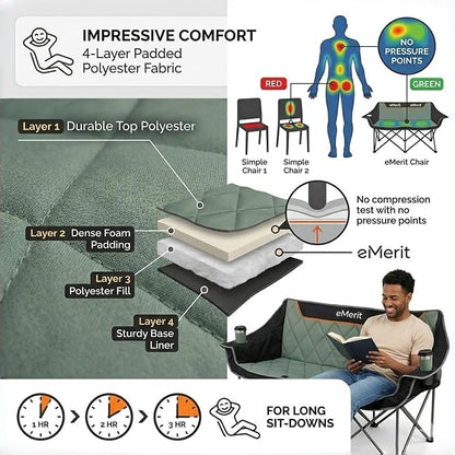 EMERIT 3 Person Camping Chair,900lb Heavy Duty Triple Loveseat Wide Padded Folding Couch for Adults & Family