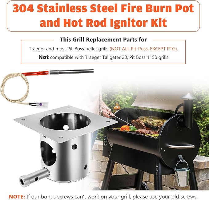 QuliMetal 304 Stainless Steel Fire Burn Pot & Hot Rod Ignitor Kit – Replacement Parts for Traeger & Pit Boss Wood Pellet Grill Smoker, Durable Fire Pot with Ash Remover, Screws and Fuse, Easy Install
