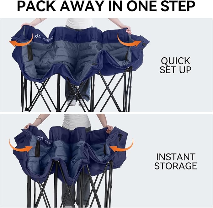 Huskfirm 3 Person Camping Chairs Folding Double Camp Chair for Adults Blue | Oversized Loveseat Camping Chair Padded Heavy Duty Camping Couch for Outdoor Lawn with Two Cup Holders and Carry Bag