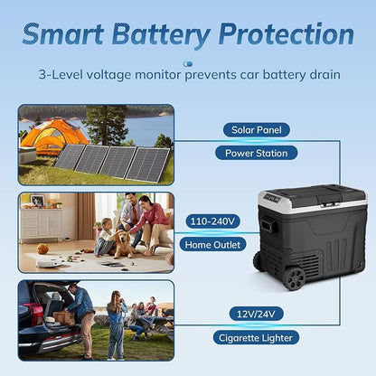 12 Volt Refrigerator,53QT -4℉~68℉ Electric Cooler with Wheels for Car,Black | 50L Car Fridge Compressor,Plug in Coolers for Vehicles,Portable Refrigerator for Camping with 2 Baskets, Freezer Cooler