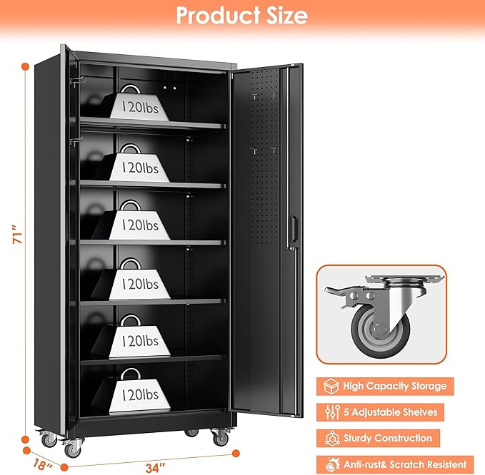 Garage Storage Cabinet with Wheels & Pegboard Doors, Lockable Metal Storage Cabinet with 5 Adjustable Shelves for Garage, Home, Black, Assembly Required, 71" H x 34" W x 18" D