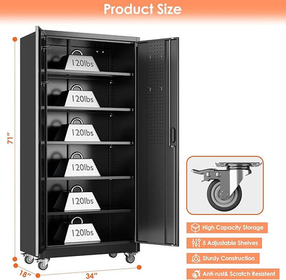 Garage Storage Cabinet with Wheels & Pegboard Doors, Lockable Metal Storage Cabinet with 5 Adjustable Shelves for Garage, Home, Black, Assembly Required, 71" H x 34" W x 18" D