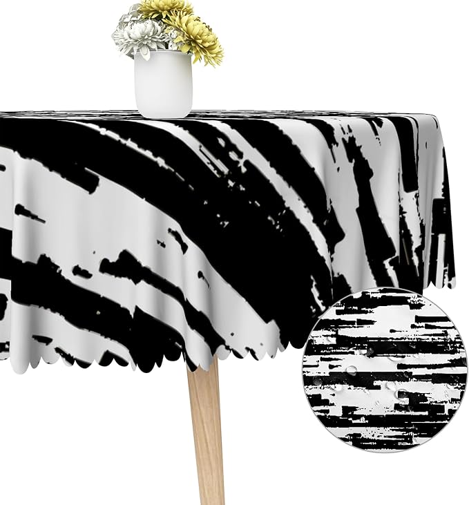 Black and White Striped Fabric Waterproof Round Tablecloth Vintage Texture Grain Circle Table Cloth Dust-Proof Circle Table Cover Protector for Restaurant Picnic Camping BBQ 70x70 Inch