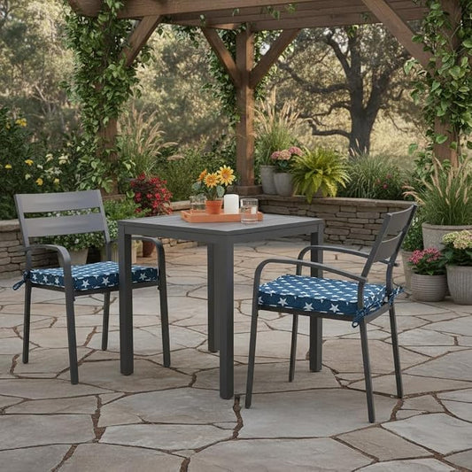 Outdoor 18 inch Square Patio Dining Chair Pads – Comfortable Fiber-Filled Seat Cushions with Ties, Reversible Polyester Fabric - Stars, Set of 2