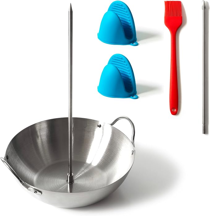 Vertical Skewer for Tacos Al Pastor, BBQ Hack Vertical Skewer Stand for Oven Shawarma Kebabs, Grill or Smoker; 2 Sizes of Stainless Steel Skewers, Basting Brush and Pair of Silicone Oven Mitts
