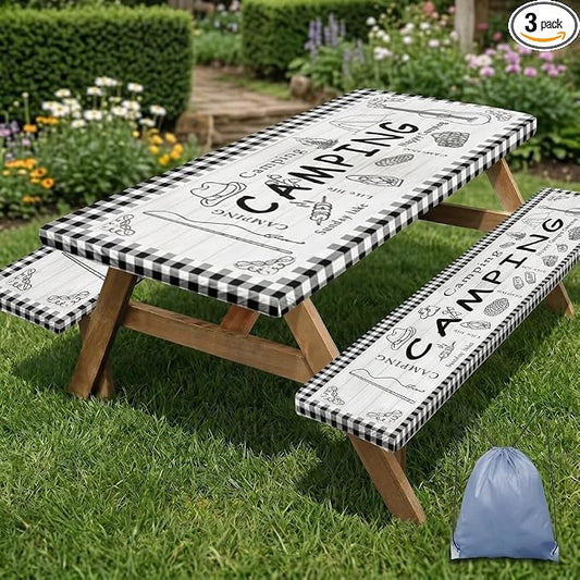 Picnic Table Cover with Bench Covers Elastic Edges, Farm Plaid Fitted Table Cover, Outdoor Patio Camping Essentials 60 Inch 3PCS, Waterproof Camping Fitted Tablecloth with Drawstring Bag