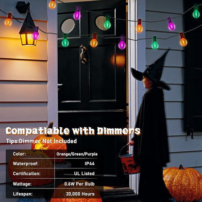 SUNSGNE 25FT Globe Outdoor Halloween String Lights G40 LED String Lights with 27 LED Shatterproof Clear Orange Green Purple Bulbs(2 Spare) for Patio Balcony Backyard Pergola Decor