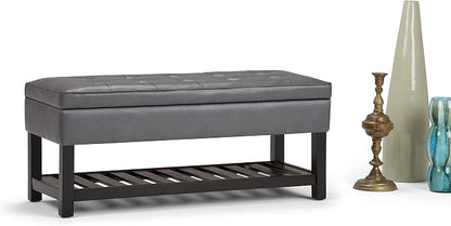 SIMPLIHOME Cosmopolitan Storage Ottoman Bench - 44 inch Wide Upholstered Vegan Leather Rectangle Storage Ottoman in Stone Grey, Transitional Bench for Bedroom with Tufted Lift-Top and Open Shelf
