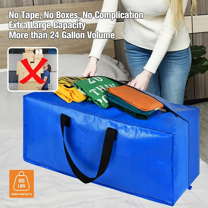 Heavy Duty Blue Moving Bags with Strong Zipper Handles Backpack Straps | 2 Pack Extra Large Storage Bags Totes Moving Boxes Packing Supplies for College Dorm Room Essentials Compatible with IKEA