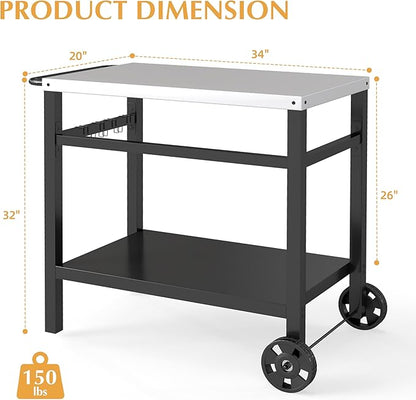 DDK Outdoor BBQ Prep Cart | 2-Tier Grill Table with Stainless Steel Top | Rolling Utility Cart for Patio, Pizza Oven, Grilling & Meal Prep