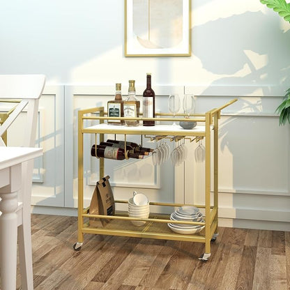 LAATOOREE Bar Cart, Two-Color Home Bar Serving Cart, Mobile Drink Beverage Cart with 2 Storage Shelves, Rolling Kitchen Cart with Wine Holder and Glass Holder, for Dinning Room, Living Room, Kitchen