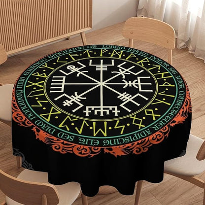 Vintage Viking Pattern Round Tablecloth, Viking Ancient Runic Helmet of Awe Seasonal Table Cloth Waterproof Wipeable Table Cover for Picnic Holiday Party Kitchen Dining 60"