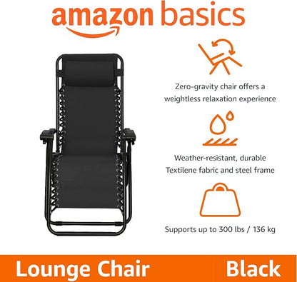 Amazon Basics Zero Gravity Lounge Chair with Pillow, Foldable Outdoor Reclining Chair for Patio and Beach, Weather-Resistant Textilene, 300 lb Capacity, 26", Black