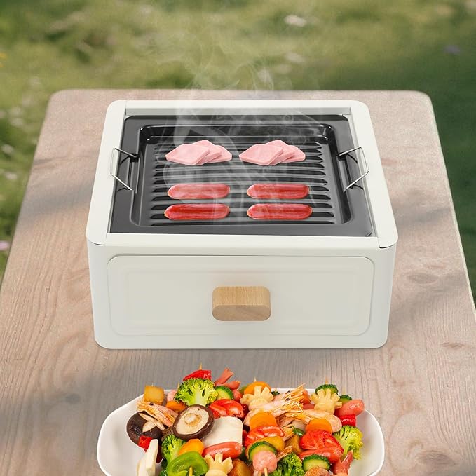 Charcoal BBQ Grill Tabletop, Square Stainless Steel Barbecue Grill with Foldable Stove Legs, Barbecue Stove for Outdoor Camping Picnic Patio Backyard Cooking