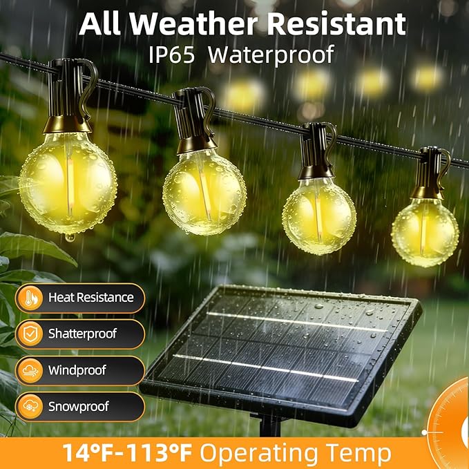 Solar Lights Outdoor Waterproof: G40 30M 100FT Shatterproof Bulbs Patio Lights - Solar Powered 3 Light Modes Solar Light - Camping Backyard Garden Deck Outside Yard
