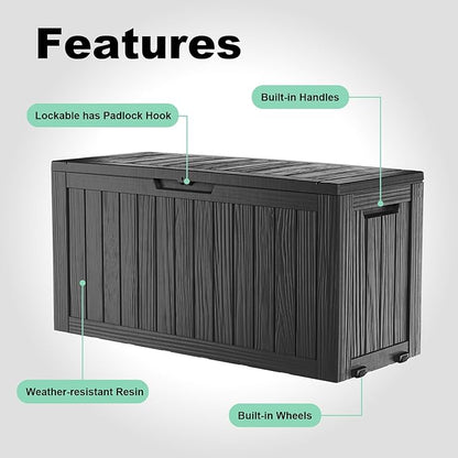 Waterproof Outdoor Storage Box, 75 Gallon Lockable Deck Box, UV-Resistant Outside Storage Bin With Hydraulic Lid For Patio Furniture, Cushion Organizer, Garden Tools, Pool Accessories, Black