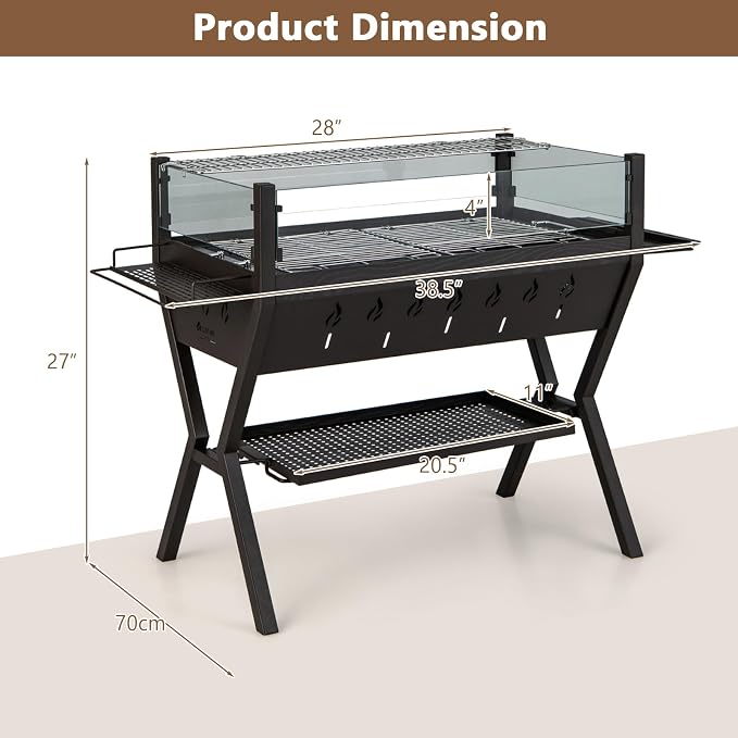 HAPPYGRILL Charcoal Grill with Glass Wind Guard & Seasoning Racks | Outdoor Barbecue Charcoal Grills with Storage Shelf, Warming and Cooking Grills, BBQ Grill Set for Camping Picnic Hiking