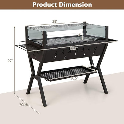 HAPPYGRILL Charcoal Grill with Glass Wind Guard & Seasoning Racks | Outdoor Barbecue Charcoal Grills with Storage Shelf, Warming and Cooking Grills, BBQ Grill Set for Camping Picnic Hiking