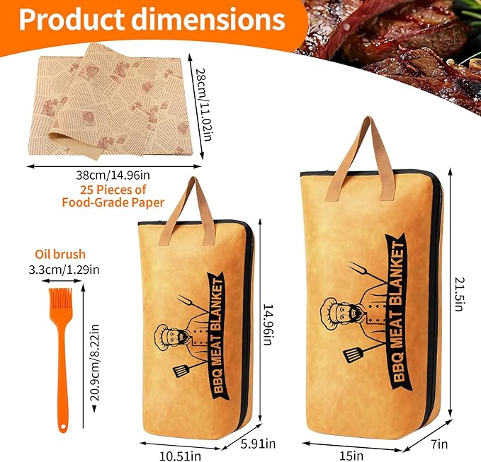 BBQ Blanket for Resting Meat - 21" & 15" Insulated Brisket Blanket Set with 25Pcs Butcher Paper & Oil Brush, 5-Layer Thermal Meat Resting Bag for Smoking Meat Accessories, BBQ Gifts for Men