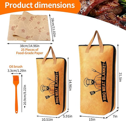 BBQ Blanket for Resting Meat - 21" & 15" Insulated Brisket Blanket Set with 25Pcs Butcher Paper & Oil Brush, 5-Layer Thermal Meat Resting Bag for Smoking Meat Accessories, BBQ Gifts for Men
