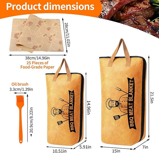 BBQ Blanket for Resting Meat - 21" & 15" Insulated Brisket Blanket Set with 25Pcs Butcher Paper & Oil Brush, 5-Layer Thermal Meat Resting Bag for Smoking Meat Accessories, BBQ Gifts for Men
