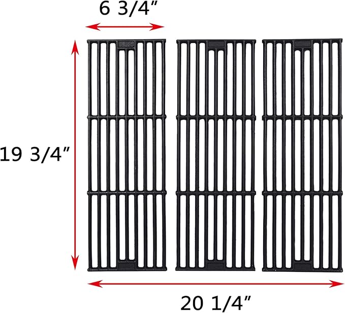 GGC Grill Grates Replacement for Chargriller 3001, 5050, 3008, 3030, 3725, 4000, 5252, King Griller 3008, 5252 and Others, 3 PCS Cast Iron Cooking Grid Grates(19 3/4" x 6 3/4" Each)
