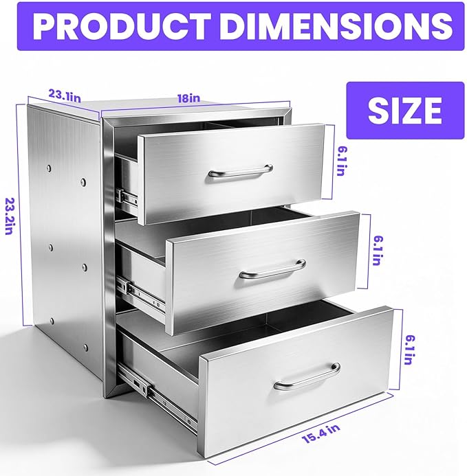 Modular Outdoor Kitchen Drawer Cabinet 18" x 23" x 23", Stainless Steel Cabinet with 3 Drawers, Outdoor Kitchen Cabinets Flush Mount for BBQ Island & Grill