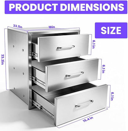 Modular Outdoor Kitchen Drawer Cabinet 18" x 23" x 23", Stainless Steel Cabinet with 3 Drawers, Outdoor Kitchen Cabinets Flush Mount for BBQ Island & Grill