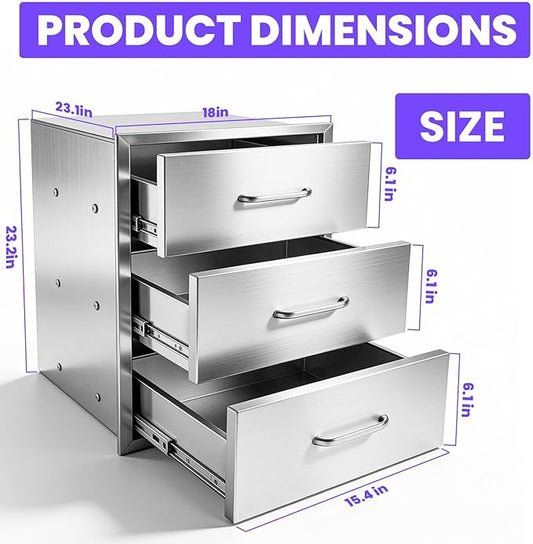 Modular Outdoor Kitchen Drawer Cabinet 18" x 23" x 23", Stainless Steel Cabinet with 3 Drawers, Outdoor Kitchen Cabinets Flush Mount for BBQ Island & Grill