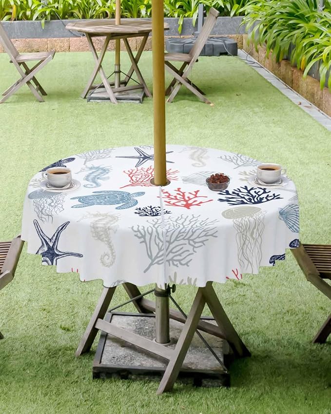 Blue Red Coastal Outdoor Tablecloth - 60 Inch Round Waterproof Dining Table Cover, Nautical Summer Beach Coral Sea Turtle Outdoor Table Cloth with Umbrella Hole & Zipper for Picnic/Patio