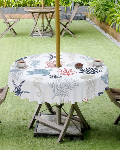 Blue Red Coastal Outdoor Tablecloth - 54 Inch Round Waterproof Dining Table Cover, Nautical Summer Beach Coral Sea Turtle Outdoor Table Cloth with Umbrella Hole & Zipper for Picnic/Patio