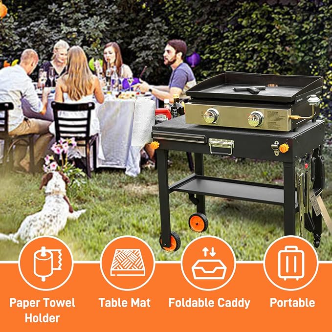 EUTRKei Grill Table Cart &Table Cover - Blackstone Griddle Table with Cart Cover, Tool Holder & Paper Towel Holder - Compatible with 17"/22" Blackstone