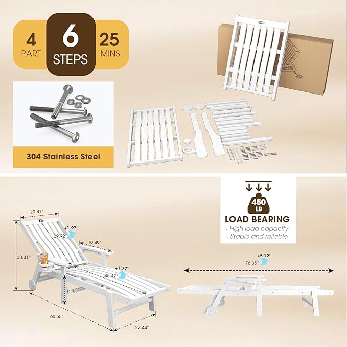 THOEOE Patio Chaise Lounge Chair Set of 2, Oversized Lounge Chair Outdoor with 5 Positions, 78″ Long, HDPE, Patio Lounge Chair with Wheels & Cup Holder for Pool, Deck, Poolside,White