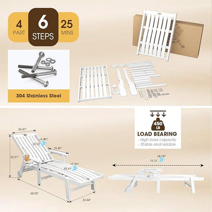 THOEOE Patio Chaise Lounge Chair Set of 4, Oversized Lounge Chair Outdoor with 5 Positions, 78″ Long, HDPE, Patio Lounge Chair with Wheels & Cup Holder for Pool, Deck, Poolside,White