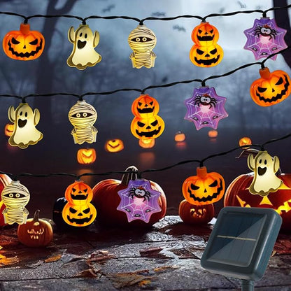Halloween Decorations Outdoor Solar String Lights, 25.8ft 40LED Pumpkin Ghost Mummy Stacked Pumpkins Spider Web Solar Halloween Lights for Outside House Garden Yard Halloween Party Decor