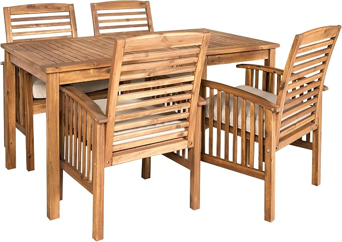 Walker Edison Rendezvous Modern 5 Piece Solid Acacia Wood Outdoor Dining Set, Set of 5, Brown