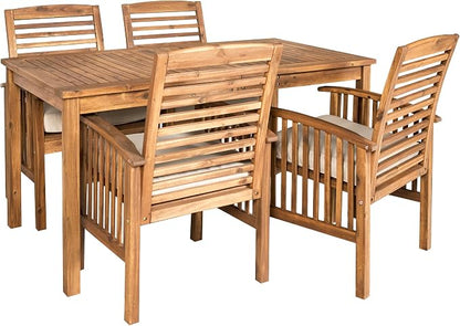 Walker Edison Rendezvous Modern 5 Piece Solid Acacia Wood Outdoor Dining Set, Set of 5, Brown