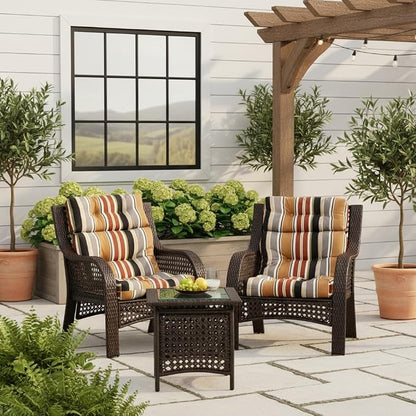 Outdoor Tufted High-Back Chair Cushions, One-Piece Hinged Seat and Back Design, Reversible with 4 Ties, Durable Polyester Fabric, Recycled Fiber Fill - Set of 2, Brick Stripe