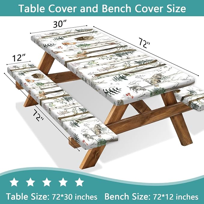 JAWO Picnic Table Cover with Bench Covers, Rustic Forest Cabin Camper Fitted Table Cover, Outdoor Patio Camping Essentials, Waterproof Camping Fitted Tablecloth with Drawstring Bag 30X96inch