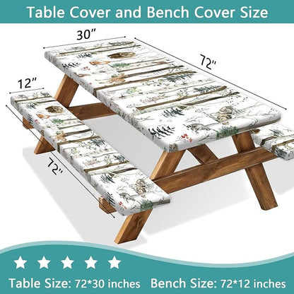 JAWO Picnic Table Cover with Bench Covers, Rustic Forest Cabin Camper Fitted Table Cover, Outdoor Patio Camping Essentials, Waterproof Camping Fitted Tablecloth with Drawstring Bag 30X72inch