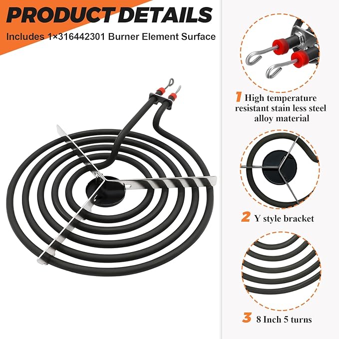 316442301 MP26YA Electric Burner Replacement (8''Coil Range Cooktop Stove,5 Turns) by Beaquicy - Surface Burner Heating Element 2600W fits for Whirlpool, Frigidaire, Kenmore 3192224 AP4356467 FEP310BW