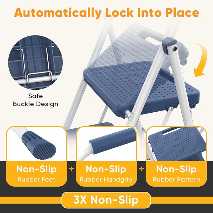 NEWBULIG 3 Step Ladder, Folding Step Stool for Adults with Safety Lock | Anti-Slip Design, Portable Foldable Ladder for Home Kitchen, Garage & Outdoor Use, Blue