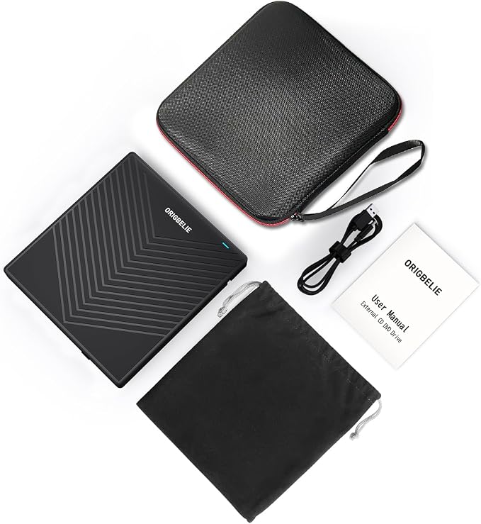 ORIGBELIE External CD DVD Drive 4 USB Port 2 TF/SD Card Slot &Carrying Case | Slim USB 3.0 CD DVD ROM Player Burner Reader Writer Rewriter Optical Disk Drive for Laptop PC Mac OS Windows 11/10/8/7 Linux